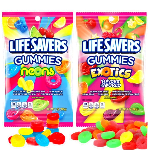Munch Mania Lifesaver Gummies Neons and Exotics, Pack of 2 (1 of each), 7 oz - Gummy Candy, Chewy Candy, Life Saver Gummies, Fruity Candy - Assorted Flavors Life Savers Gummy Comes in Munch Mania Packaging
