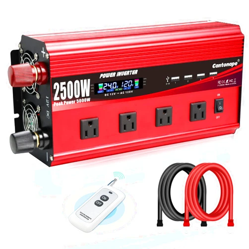 Cantonape 2500W Power Inverter 24V to 110V DC to AC with LCD Display, Remote Controller 4 x AC Outlets and 4 x 3.1A USB Car Adapter for Car Truck Boat RV Solar System