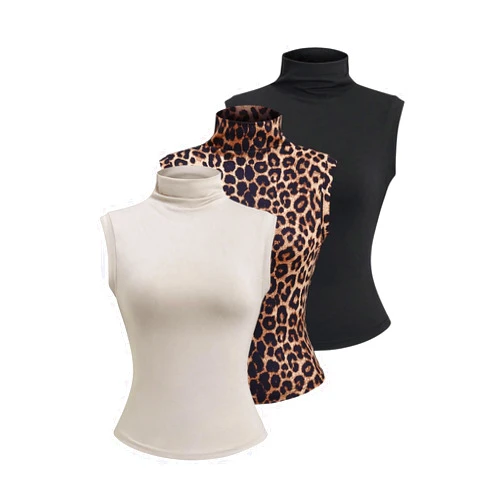 SOLY HUX Women's Mock Turtleneck Sleeveless Top 3 Pieces Basic Tank Tops Slim Fit Leopard Print Shirts