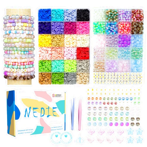 NEDIE Friendship Bracelet Kit, Clay Beads of 24 Colors 8 Set of Letter Beads for Bracelets Making, 20 Types of Spherical Beads and Accessories, Jewelry DIY Crafts Gift Set for Kids Teens Heishi Beads