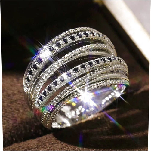 RKKOJJO 925 Sterling Silver Shiny Full Black Diamond Gemstone Ring Cubic Zirconia Rings CZ Diamond Multi Row Ring Eternity Engagement Wedding Band Ring For Women