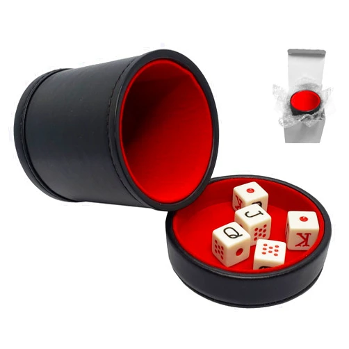 My Pet Elephant Cyber-Deals PU Leather Dice Cup, Premium Felt Lined Lid/Tray and Spanish Poker Dice Set in White Gift Box (Black/Red Cup, Ivory Tone Dice)