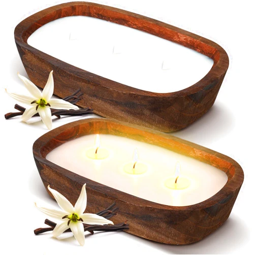 Threlaco 2 Pack Wood Dough Bowl Candle 10 Inch Soy Candle Decorative 3 Wick Scented Candles Gifts for Men Women Farmhouse Table Centerpiece Home Decor(Vanilla)