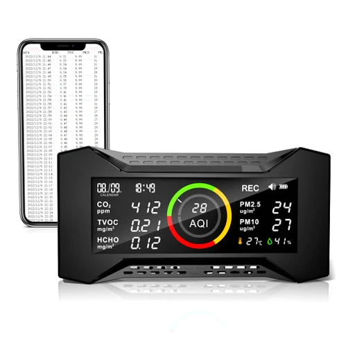 Simbow Indoor Air Quality Monitor, Support Data Report Download, Portable CO2 Monitor, Detect PM2.5, PM10, CO2, VOC, Formaldehyde, Humidity, Temp, Brightness Adjustable, for Home, Office or School