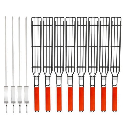 IRSTBL – Kebab Grill Basket Set – 8 Nonstick BBQ Baskets with Wooden Handles & 4 Steel Skewers – Reusable Grilling Tools for Meat, Veggies, Fish – 17 Inches