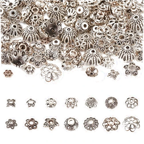 Boutigem 140Pcs Antique Silver Flower Bead Caps Tibetan Vintage Alloy Floral Spacer End Caps 14x10.7mm for Bracelet Necklace Earring Jewelry Making Decor Hole: 1-3mm