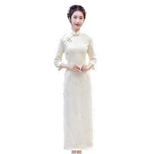 CBROOT Women's Chinese Cheongsam Dress - Embroidered Long Sleeve Slim Cheongsam Autumn Winter Wedding Banquet Dress M