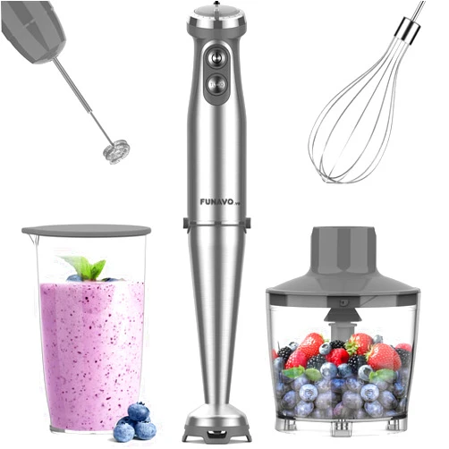 FUNAVO.vo Immersion Blender, 1000W Anti-scratch 5-in-1 Hand Blender, Upgraded 12 Speed Stainless Steel Blade Stick Blender with Turbo Mode, 20oz Beaker, 17oz Chopping Bowl, Whisk, BPA-Free