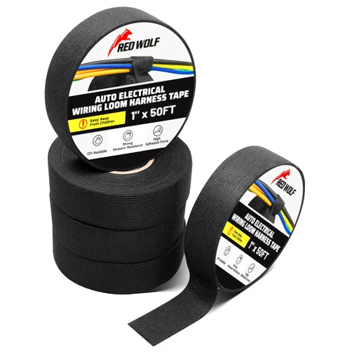 RED WOLF Wire Harness Tape 1 Inch 50 FT High Temp Wiring Loom Harness Self-Adhesive Felt Cloth Electrical Tape for Automotive Engine Electrical No Residue Fabric Insulated Black 5 Rolls