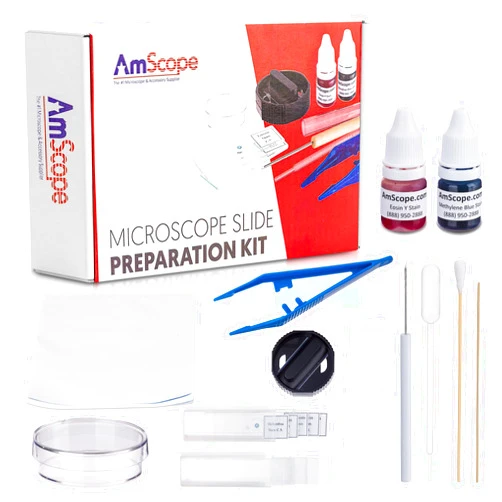 AmScope Microscope Slide Preparation Kit Including Slides, Stains