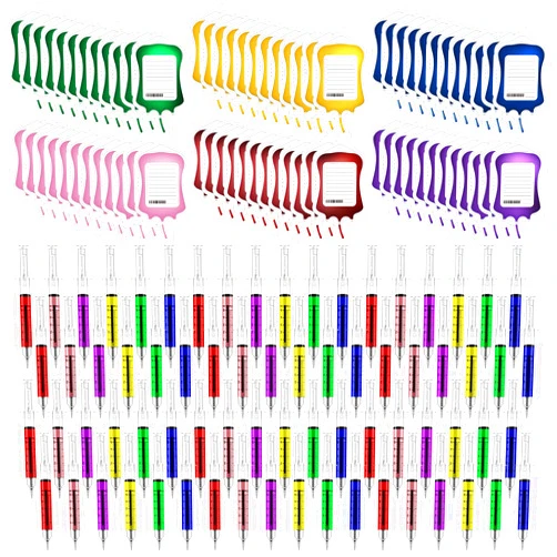 Mototo 120 Pieces Syringe Pens Set Includes 60 Fun Nurse Pens 60 Blood Bag Sticky Notes Black Ink Ballpoint Pen Retractable Novelty Pen for Nurses Student School Supplies Doctor Play Halloween Party Favor