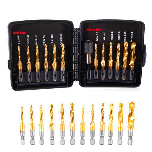 Metackle 13Pcs Drill Tap Set with Quick-Change Adapter,SAE/Metric Drill and tap Set,3-in-1 Bit Tool for Drilling, Tapping and Countersinking