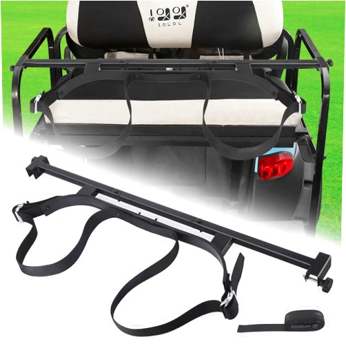 10L0L Universal Golf Bag Holder Golf Cart Bags Holder Attachment Bracket Rack for Rear FILP Seat Fits EZGO Club Car Yamaha Rear FILP Seat Kit, No-Drilling Required, Additional Strap Included