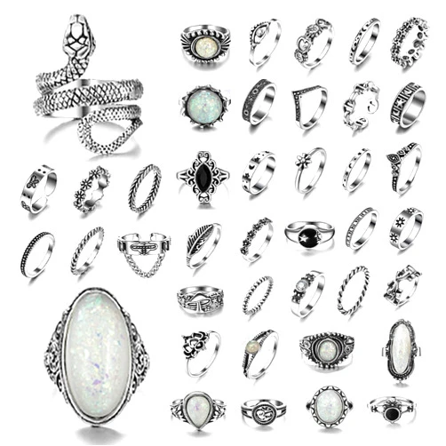 ZeriLion 42 Pcs Vintage Silver Knuckle Ring Set Cool Alt Goth Punk Rings for Women Men Adjustable Stackable Grunge Emo Aesthetic Jewelry Snake Skull Chunky Band Pack