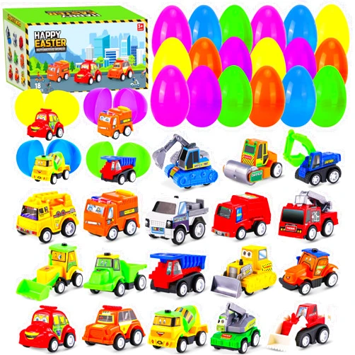 LUBUYILD Easter Basket Stuffers - 18PCS Easter Eggs with Mini Pull Back Construction Cars Toys for Kids, Perfect for Boys Girls Egg Hunt Prizes, Party Favors and Classroom Gifts
