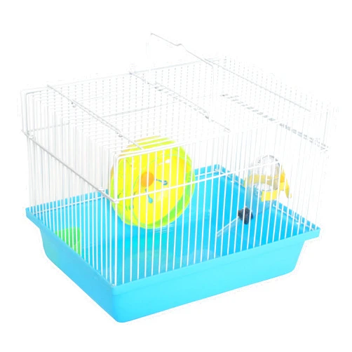 YML Single Story Dwarf Hamster Cage with Small Wheel/Dish and Water Bottle/Plastic Base, Blue, 10.5