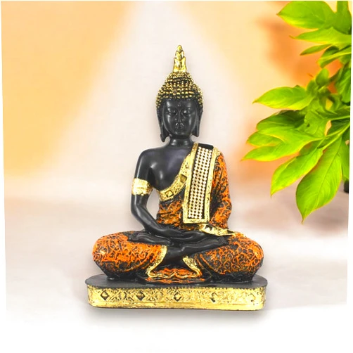 SkyKey Polyresin Sitting Buddha Idol Statue Showpiece for Home Decor Decoration Gift Gifting Items| Orange Black