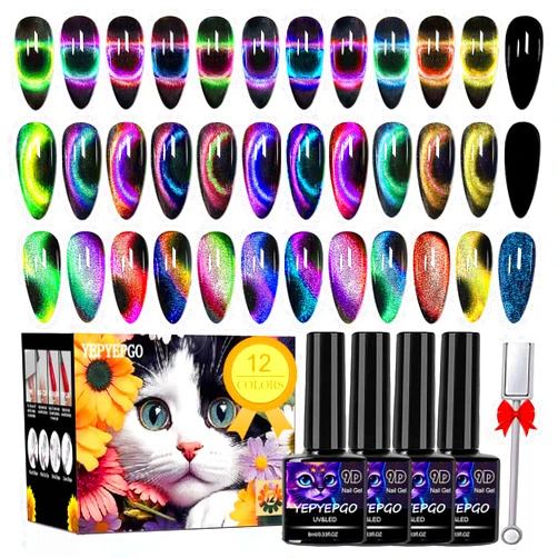 YEPYEPGO 9D Cat Eye Gel Nail Polish Set 12 Colors, Cat Eye Gel Polish with Magnet, Magnetic Cateye Gel Chameleon Galaxy Effects Professional Use for Salon