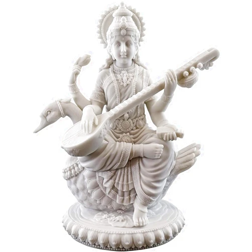 SrI Krishna CULTURE-New Big Beautiful Sitting Saraswati for Home Decoration-Height-8.5 inches-Marble White Finish-Resin