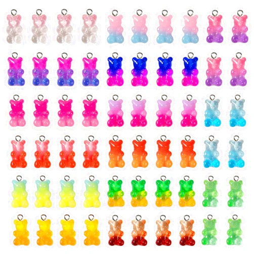 Cosweet 60pcs Gradient 3D Gummy DIY Bear Charms- Resin Bear Shaped Clay Pendants in 15 Colors Earring Bracelet Nacklace DIY Jewelry Making Pendants Nail Art Accessory for Children Adults DIY Handmade Crafting