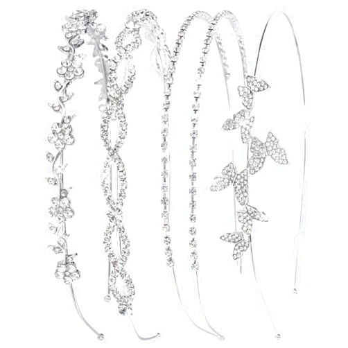 Wecoe 4 Pack Silver Rhinestone Headband Flower Girl Bridal Wedding Headband Crystal Headpiece Flower Leaf Butterfly Metal Headband Little Girls Kids Crown Tiara Hair Accessories For Women Girls Gifts