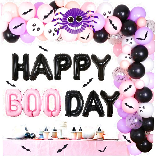 Cheereveal Happy Boo Day Party Decorations Pink Purple Black Halloween Balloon Garland Kit - Halloween Birthday Party Decorations Girls with Ghost Bat Balloon 3D Bats Wall Stickers for Happy Boo Day Supplies