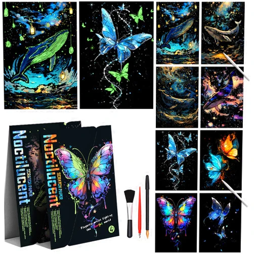 BulChign Scratch Paper Art Scratchboard for Adult, Noctilucent Scratch Painting Kits for Adults, Adult Crafts with Scratchboard Tools A4 Rainbow Painting Scratch Paper（Luminous Butterfly&Whale）