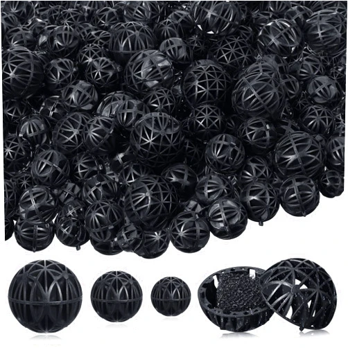 Cunno 200 Pcs Bio Balls Pond Filter Media Black Aquarium Bio Media with Sponge 50 Pieces Each for 0.6 Inch and 1.5 Inch, 100 Pieces for 1 Inch for Fish Tank Aquarium Pond Filter Media