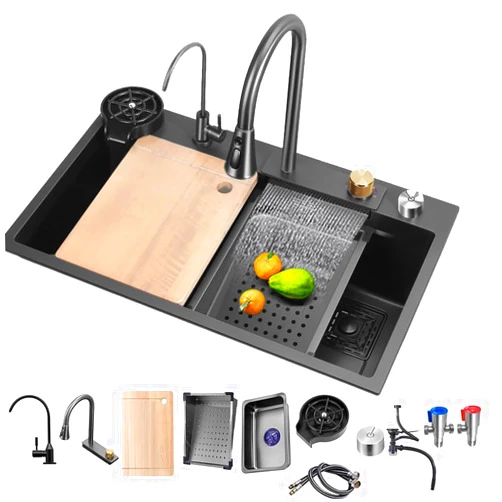 ARTLINE Black Single Bowl Kitchen Sink, Stainless Steel Waterfall Sink, Bar Sink with Cup Washer Sinks, Drop-In/Undermount Farmhouse Workstation Sink with Multiple Accessories (33.5 x 17.7in)