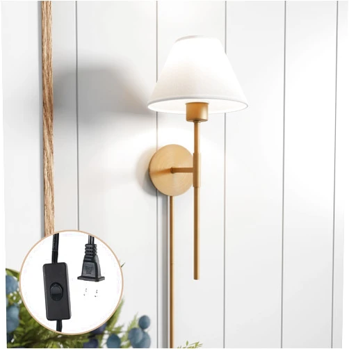 Nathan James Millie Plug-in Wall Sconce, Wall Mounted Bedside Reading Lamp with Cotton Shade and Brass Back Plate