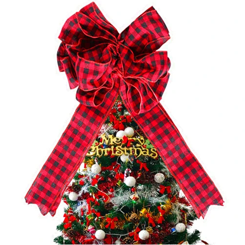 ChitNew8 FLUNACO Christmas Buffalo Plaid Tree Topper - Red & Black Buffalo Plaid Bow Christmas Buffalo Plaid Wreath Bow Tree Bow Xmas Tree Topper Hat,Christmas Tree Toppers