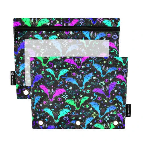 CBBYY Psychedelic Bat Pencil Pouches for 3 Ring Binder,2 Pack 3 Ring Binder Pencil Case With Zipper Reinforced Grommets,Pencil Bags for Office Organizers