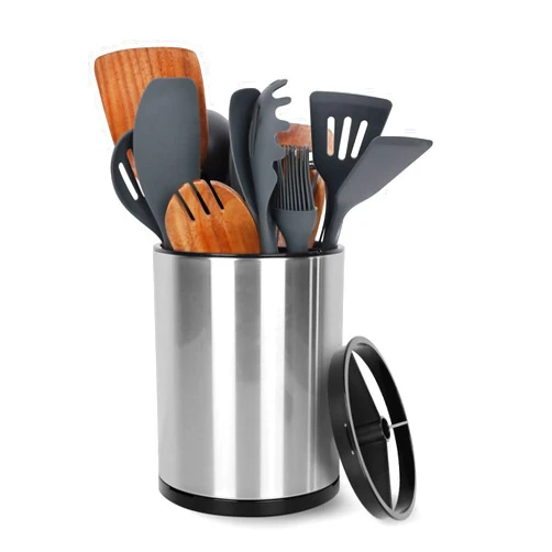 Nigelia Extra Large Kitchen Utensil Holder - 360° Rotating Stainless Steel Cooking Utensil Holder for Countertop, 3 Compartment Flatware Organizer & Utensil Caddy with Removable Base（Silvery）