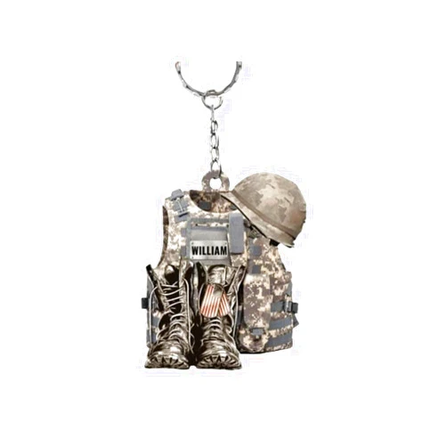 DaisyFlowerPOD Military Veteran Combat Boots And Helmet Personalized Keychain & Car Ornament, Military Keychains, Army Keychain (A1)