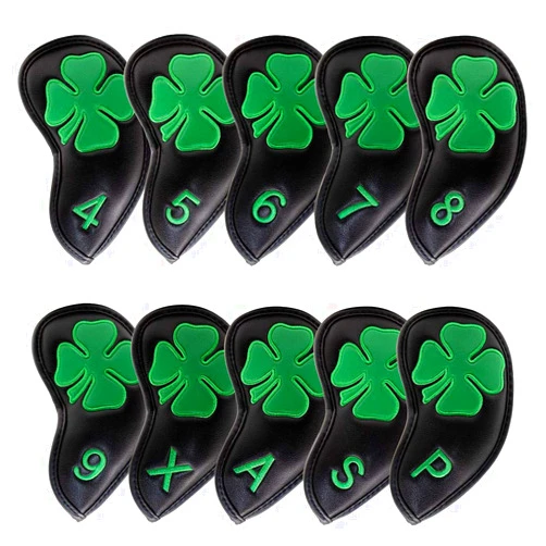 Barudan golf Golf Iron Covers Headcovers Club Head Cover, 4 Leaf Clover Synthetic Leather Made for Oversized Standard Small Size Pack of 10 (Black)