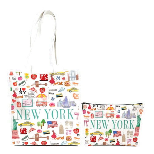 WFDN Women's Canvas Tote & Makeup Bag Set - Stylish Travel Gift with City-Inspired Designs (Italy, Paris, NewYork & More)