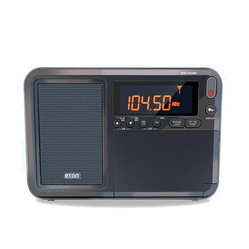 Eton - Elite Traveler AM/FM/LW/Shortwave Radio with RDS & Custom Leather Carry Cover, 500 Station Memory, Sleep Timer, Local/World Time Setting, Snooze Function, Orange LCD Display, Earphone Jack