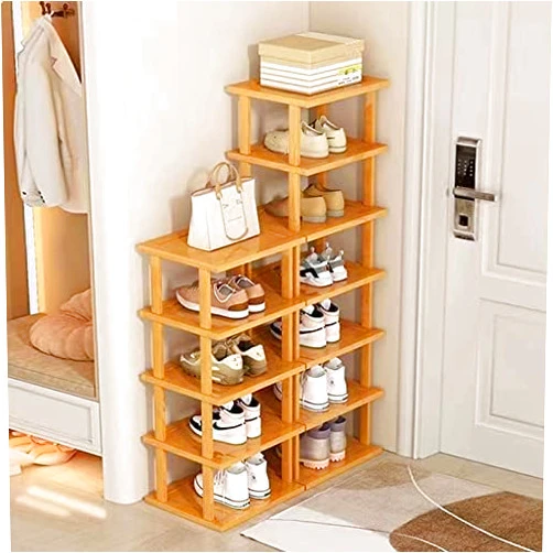 SAN HE Bamboo Shoe Rack 12 Tier- Vertical Shoe Rack for Small Spaces, Tall Narrow Shoe Rack Organizer for Closet Entryway Corner Garage and Bedroom,Skinny Shoe Shelf with Free Stackable DIY