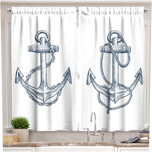 Ambesonne Anchor Kitchen Curtains, Vintage Sketch Nautical Element Ship Sailing Travel Theme Chain Rope, Window Drapes 2 Panel Set for Kitchen Cafe Decor, 55
