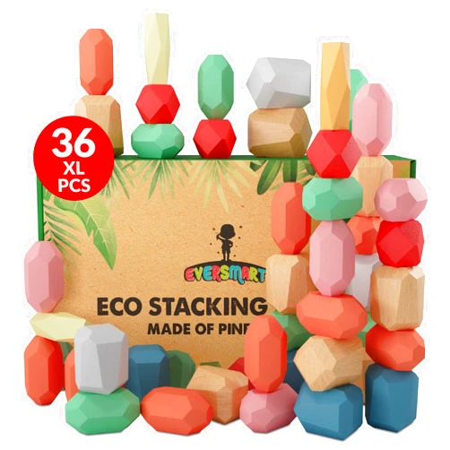 EVERSMART 36 Pcs Wooden Stacking Blocks – Montessori Toys for 1 2 3 4 5 6 Year Old Toddlers and Kids, XL Rocks, No Choking Hazard – Sensory STEM Building Stones, for Girls and Boys