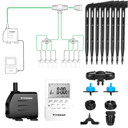 VIVOSUN Professional Automatic Drip Irrigation Kits, 15W Output, All in One Professional Grow Kit- Includes Pump, Timer and Regulator, 8 Drip Emitters Garden Plant Watering System Indoor Outdoor