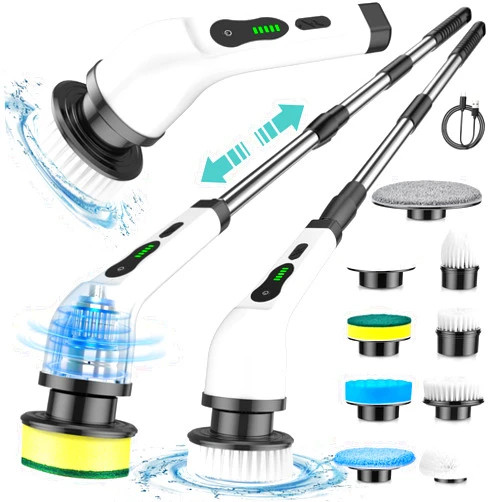 Lxlu Electric Spin Scrubber, Cordless Cleaning Brush, Shower Scrubber with 9 Brush Heads 2H Power Dual Speed, Adjustable Extension Handle, IPX7 Waterproof for Tub Tile Floor Car, White-BF86