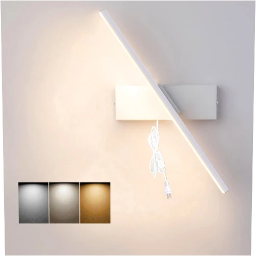 JBZ LED Plug Wall Sconces, with 6W Mounted Reading Lights, 3 Color Temperatures, with 6FT Plug in Cord and On/Off Switch on The Cord, 330°Rotation Wall Lamps, for Bedroom Headboard Living Room (White)