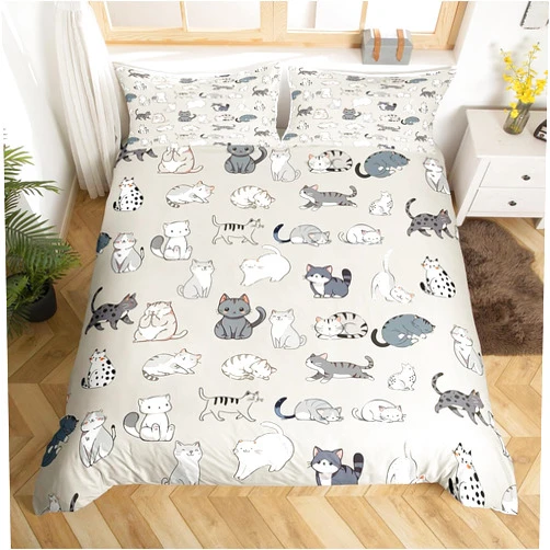 Castle Fairy Cute Cats Duvet Cover Queen Size Kawaii Animals Comforter Cover with 2 Pillowcase for Teens Adults Kids Cat Pattern Bedding Set Gray White Beige Breathable 3 Pieces Decorative Bed Cover(No Comforter)