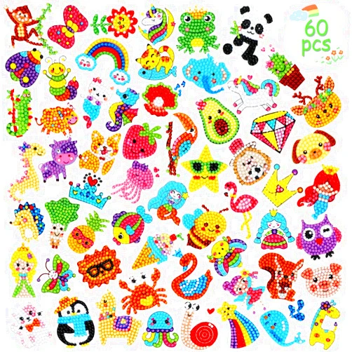GWAHSA 60pcs 5D Diamond Art Stickers Arts and Crafts Creative Gem Art Paint by Number Kits for Kids Ages 4-6 6-8 8-12 Boys Girls DIY Mosaic Stickers Toys for Birthday Party Halloween Christmas Gifts
