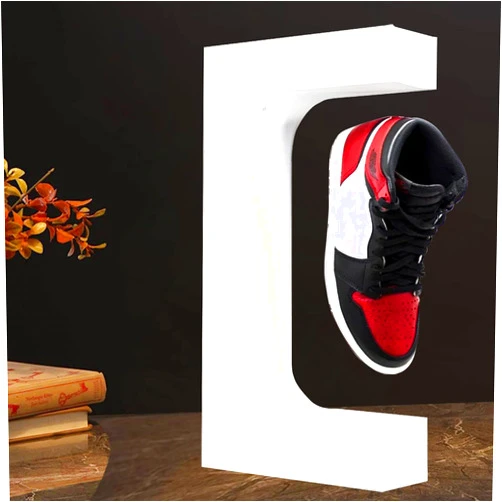 Floatidea Floating Shoe Display Magnetic Levitating Sneaker Stand Holder Rotation Acrylic Rack with LED Light for Gift Advertising Exhibition Storefront shop up to Size 13 Big Shoes (White Without Shoe)