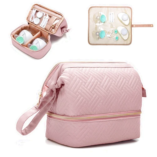 Fasrom Wearable Breast Pump Bag Compatible with Elvie Pumps and Medela Pump in Style, Double Layer Carrying Case with Waterproof Mat and Insulated Pockets, Pink (Patent Design)