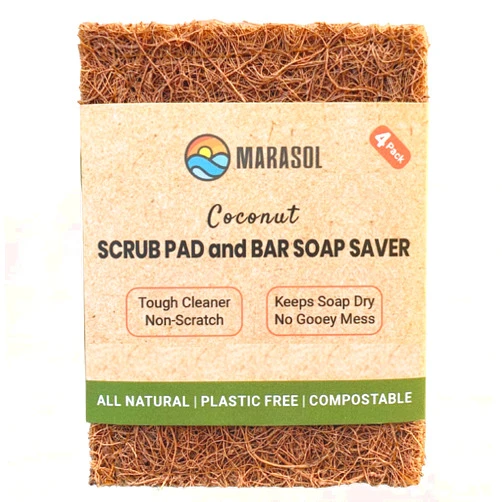 Marasol Soap Saver and Scrub Pad (4) | Coconut Fiber - Compostable | Plastic Free - Zero Waste | Bar Soap Holder | Tough Non-Scratch Scour Pad | Vegetable Brush | 4-Pack