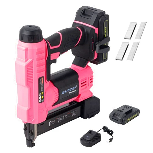 BHTOP 20V Cordless Brad Nailer＆Stapler, 18 Gauge 2 in 1 Stapler Kit, Heavy Finish Nail Gun with 2.0A Rechargeable Battery, Charger, 2500 Brad Nails and 500 Staples in Pink
