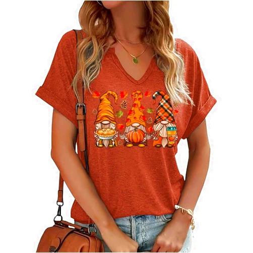 Earlymemb Women Fall Halloween Doodles V Neck Shirt Funny Family Party Celebration Short Sleeve Tee Pumpkin Graphic Thanksgiving Tops…